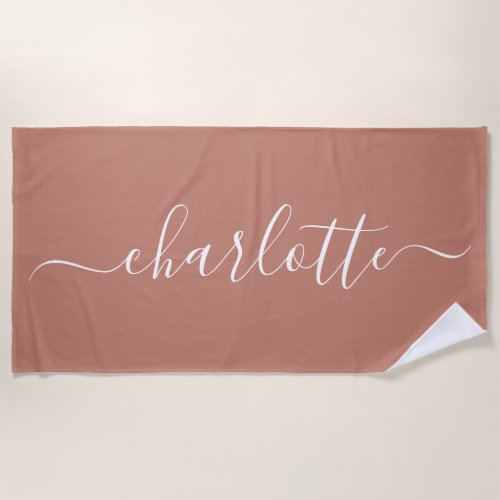 Cute Trendy Script Name Personalized Terracotta Beach Towel