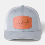 Cute Trendy Script Personalized Name Leather Patch Hat<br><div class="desc">Make a bold statement with this Cute Trendy Script Personalized Name Leather Patch Hat, featuring a design that perfectly blends rustic charm with modern personalization. The focal point of this accessory is a stylish, personalized patch with your name that adds a premium feel to the cap. The design showcases a...</div>