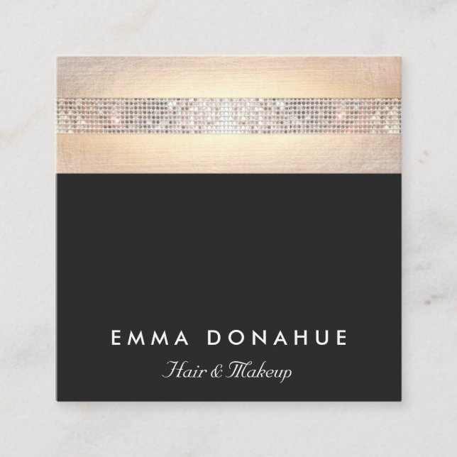 Cute Trendy Sequin and Gold Stripes Black Square Square Business Card (Front)