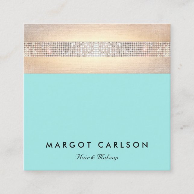 Cute Trendy Sequin and Gold Stripes Turquoise Square Business Card (Front)