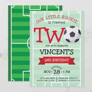 Cute Trendy Soccer Field & Ribbon 2nd Birthday Invitation