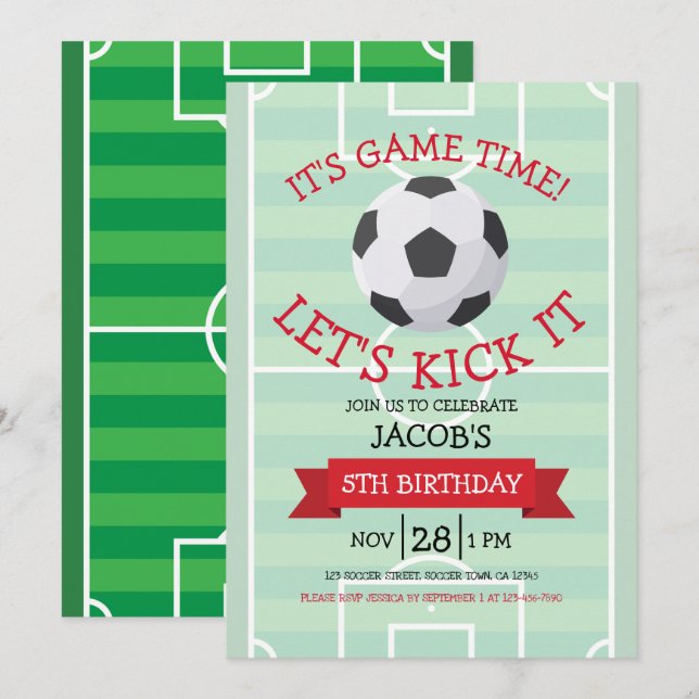 Cute Trendy Soccer Field & Ribbon Birthday Invitation (Front/Back)