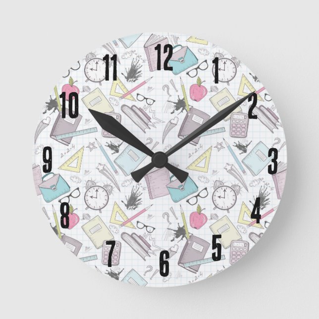 Cute Trendy Teacher School Pattern Round Clock (Front)