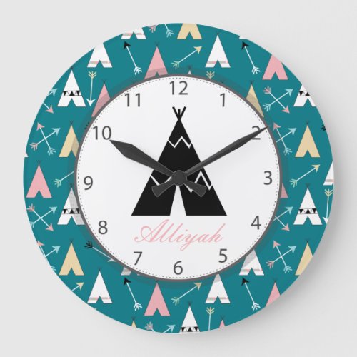 Cute Trendy Teepees and Arrows Script Name Large Clock