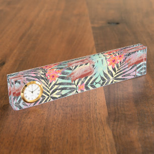 Cute trendy tropical flamingos floral paint name plate