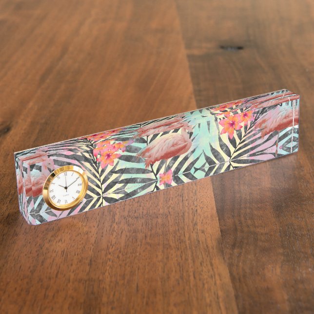 Cute trendy tropical flamingos floral paint name plate (Side)