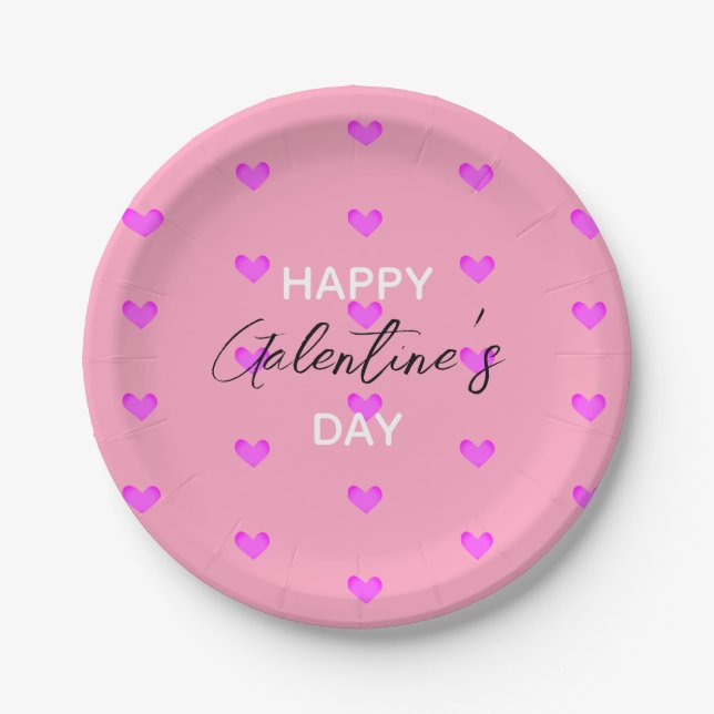 Cute Trendy Typography Pink Happy Galentines Day Paper Plates (Front)