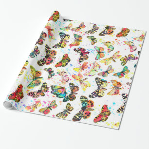 Cute trendy watercolor splatters butterflies wrapping paper