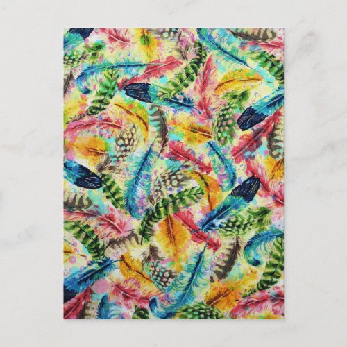 Cute  trendy watercolor splatters tribal feathers postcard