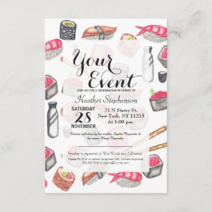Cute Trendy Watercolor Sushi Sake and Chopsticks Invitation