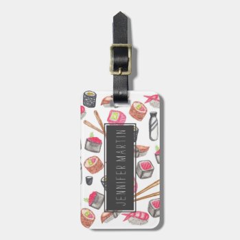 Cute Trendy Watercolor Sushi Sake And Chopsticks Luggage Tag by BlackStrawberry_Co at Zazzle