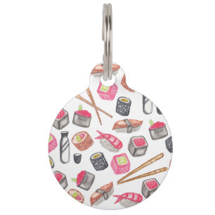 Cute Trendy Watercolor Sushi Sake and Chopsticks Pet Name Tag