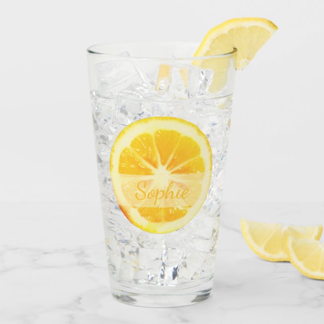 CUTE TRENDY YELLOW CUT LEMON FRUIT CUSTOM NAME GLASS (Back Ice)