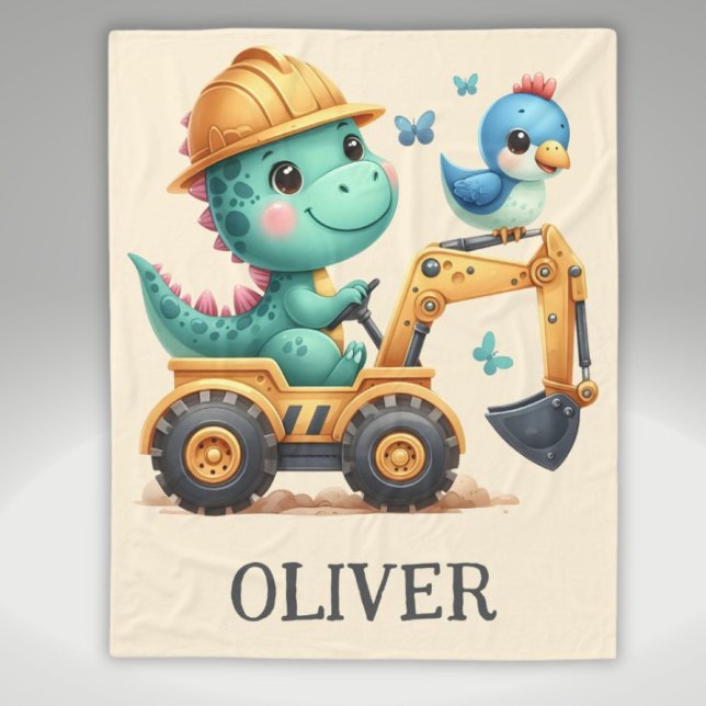 Cute Trex Dinosaur Driving a Construction Vehicle Fleece Blanket (Creator Uploaded)