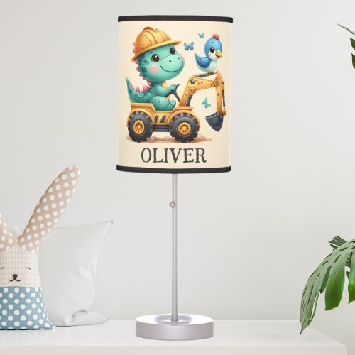 Cute Trex Dinosaur Driving a Construction Vehicle Table Lamp