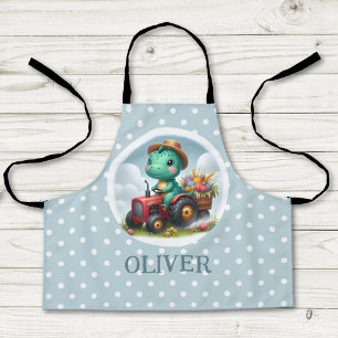 Cute Trex Dinosaur Driving a Red Tractor Apron