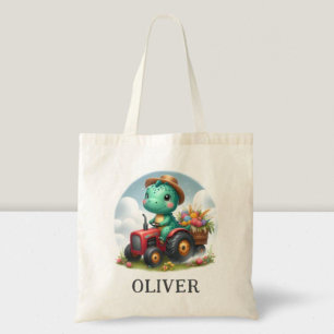 Cute Trex Dinosaur Driving a Red Tractor  Tote Bag