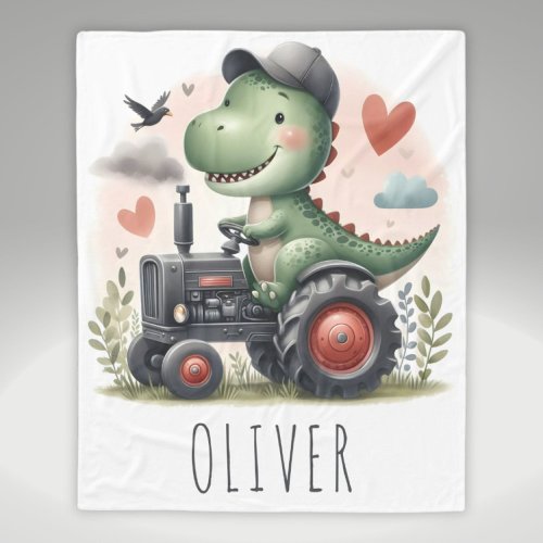 Cute Trex Dinosaur Driving a Tractor  Fleece Blanket