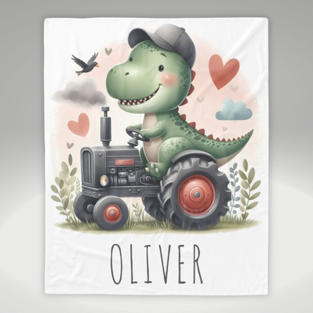 Cute Trex Dinosaur Driving a Tractor  Fleece Blanket (Creator Uploaded)