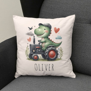 Cute Trex Dinosaur Driving a Tractor Throw Pillow