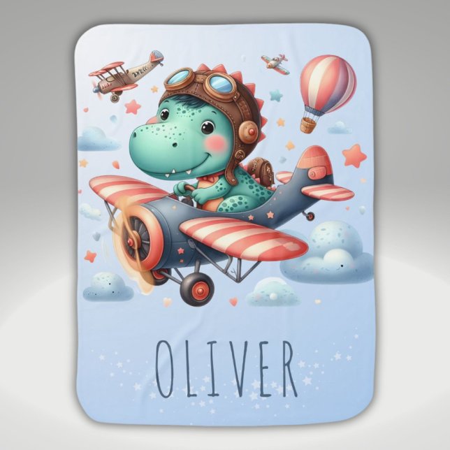 Cute Trex Dinosaur Flying a Charming Airplane Baby Blanket (Creator Uploaded)
