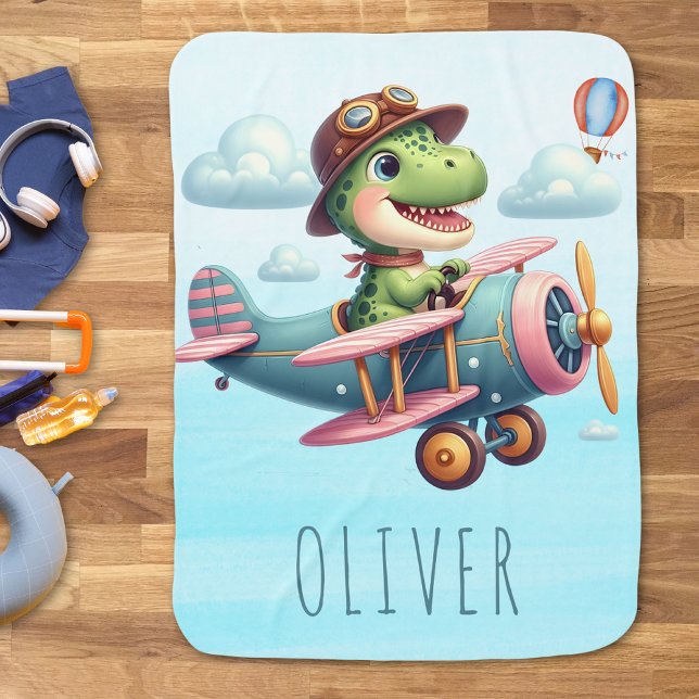 Cute Trex Dinosaur Flying a Charming Airplane Baby Blanket (Creator Uploaded)