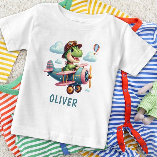 Cute Trex Dinosaur Flying a Charming Airplane Baby T_Shirt