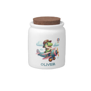 Cute Trex Dinosaur Flying a Charming Airplane Candy Jar