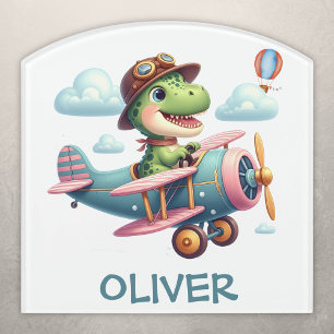 Cute Trex Dinosaur Flying a Charming Airplane Door Sign