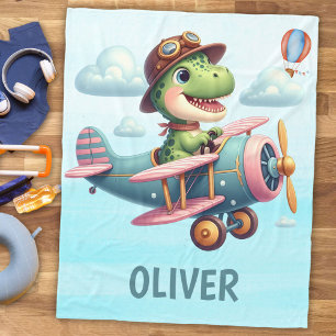 Cute Trex Dinosaur Flying a Charming Airplane Fleece Blanket