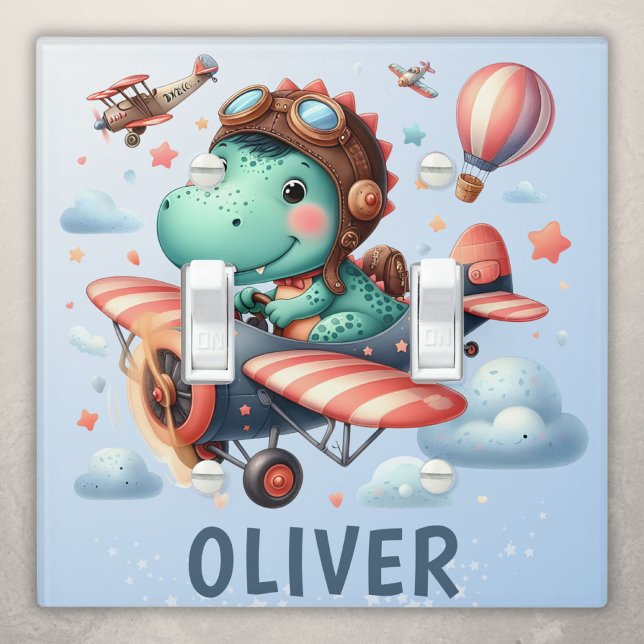 Cute Trex Dinosaur Flying a Charming Airplane Light Switch Cover (Creator Uploaded)