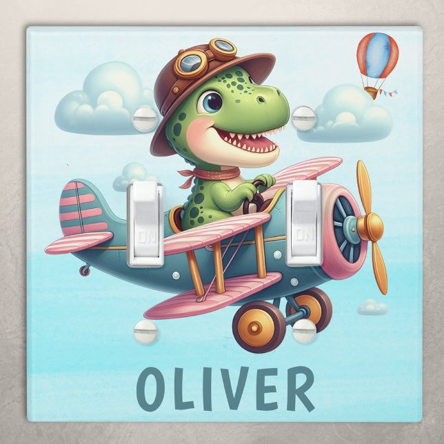 Cute Trex Dinosaur Flying a Charming Airplane Light Switch Cover (Creator Uploaded)