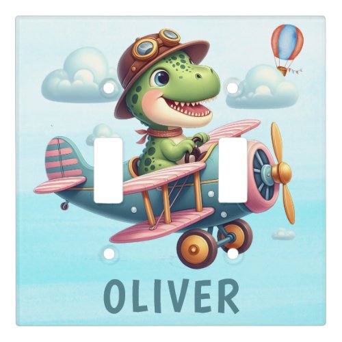 Cute Trex Dinosaur Flying a Charming Airplane Light Switch Cover