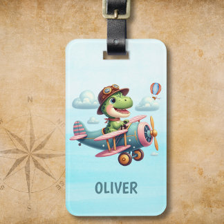 Cute Trex Dinosaur Flying a Charming Airplane Luggage Tag