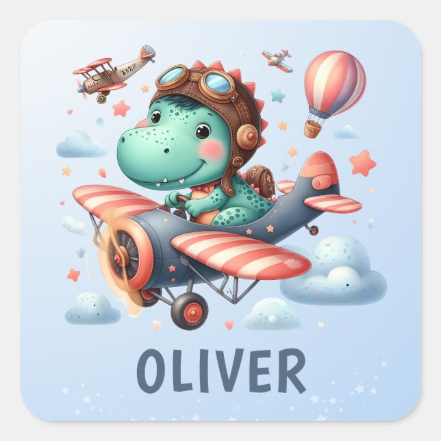 Cute Trex Dinosaur Flying a Charming Airplane Square Sticker (Front)