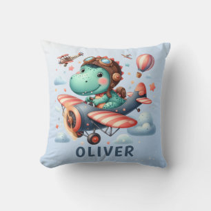 Cute Trex Dinosaur Flying a Charming Airplane Throw Pillow