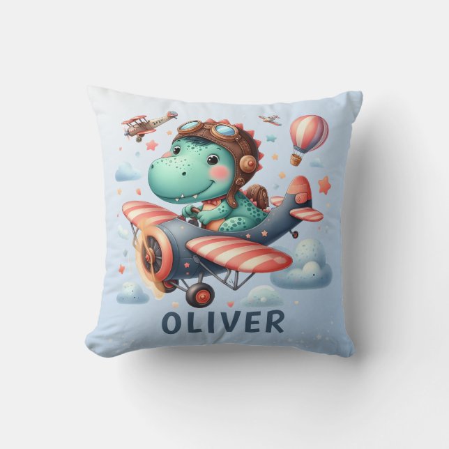 Cute Trex Dinosaur Flying a Charming Airplane Throw Pillow (Front)