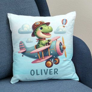 Cute Trex Dinosaur Flying a Charming Airplane Throw Pillow