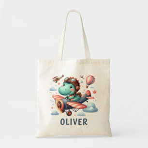 Cute Trex Dinosaur Flying a Charming Airplane Tote Bag