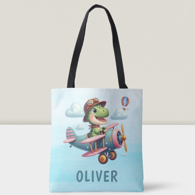 Cute Trex Dinosaur Flying a Charming Airplane Tote Bag (Creator Uploaded)