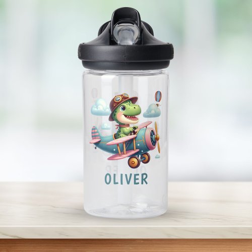 Cute Trex Dinosaur Flying a Charming Airplane Water Bottle