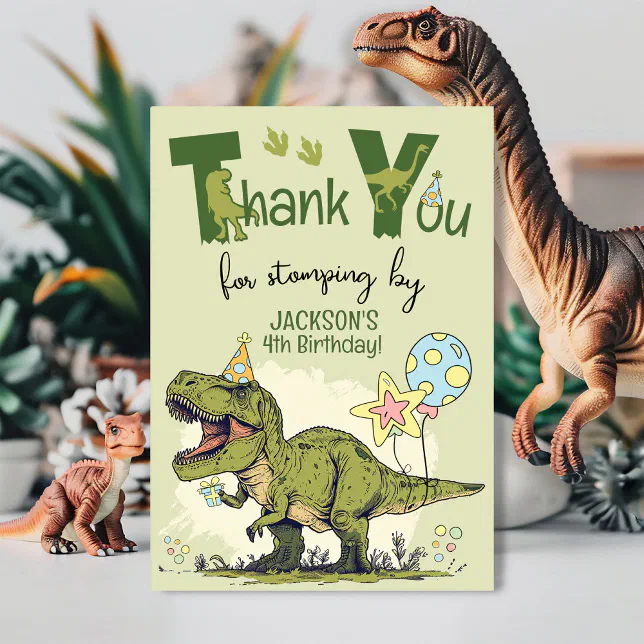 Cute TRex Dinosaur Four-Rex Boy 4th Birthday Party Thank You Card
