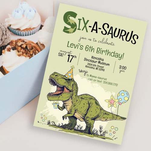 Cute TRex Dinosaur Six_A_Saurus 6th Birthday Party Invitation