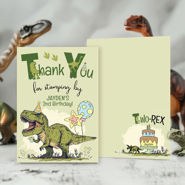 Cute TRex Dinosaur Two-Rex Boy 2nd Birthday Party Thank You Card (Cute Two-Rex T-Rex Dinosaur second Jurassic Dino 2nd boy birthday party thank you stomping by invite)