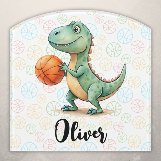 Cute Trex Playing Basketball Personalized Door Sign (Creator Uploaded)