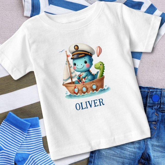 Cute Trex Sailboat Captain Personalized Baby T-Shirt (Creator Uploaded)