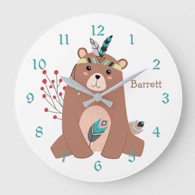 Cute Tribal Bear Personalized Nursery Clock (Front)