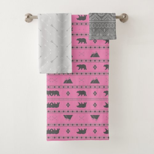 Cute Tribal Bear Pink and Grey Bath Towel Set