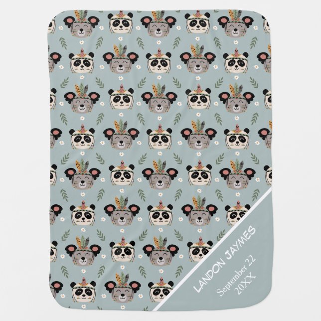 Cute Tribal Bears Gray Blue Baby Blanket (Front)