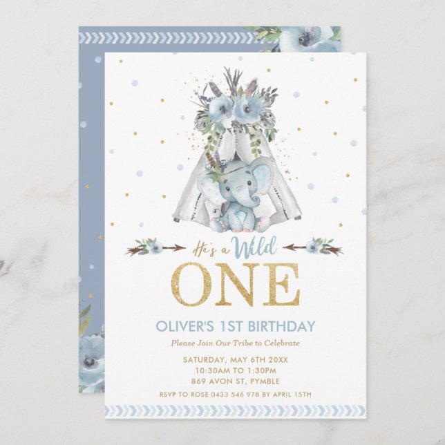 Cute Tribal Elephant Boy Wild One 1st Birthday Invitation (Front/Back)